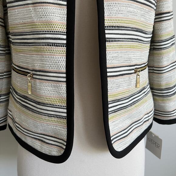 Kasper Open Blazer Jacket Zipper Detail Striped 3/4 Sleeve 4 Ivory Multi NWT - Picture 3 of 9